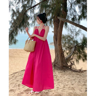 Maxi dress เดรสยาว สีชมพู ใส่เที่ยว ใส่ไปทะเล สีจี้ดจ้าด สวยมาก
