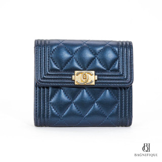 CHANEL TRIFOLD WALLET SHORT BLUE NAVY LAMB GHW