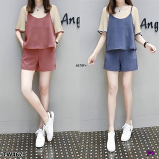 CS4679 	Set เสื้อชีฟอง+เสื้อสายเดี่ยวคอป+กางเกงขาสั้น Set chiffon blouse + collared tank top + shorts