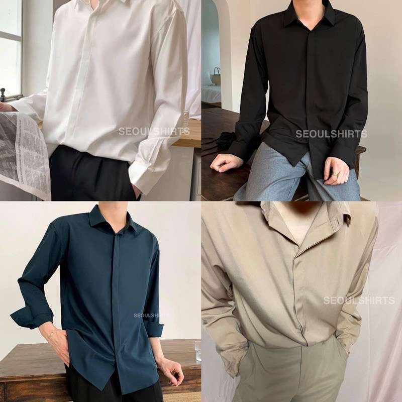 S5: เสื้อเชิ้ตแขนยาวสีพื้น รุ่นสาบซ้อน เชิ้ตสไตล์เกาหลี 11 สี ไซส์ M L XL XXL