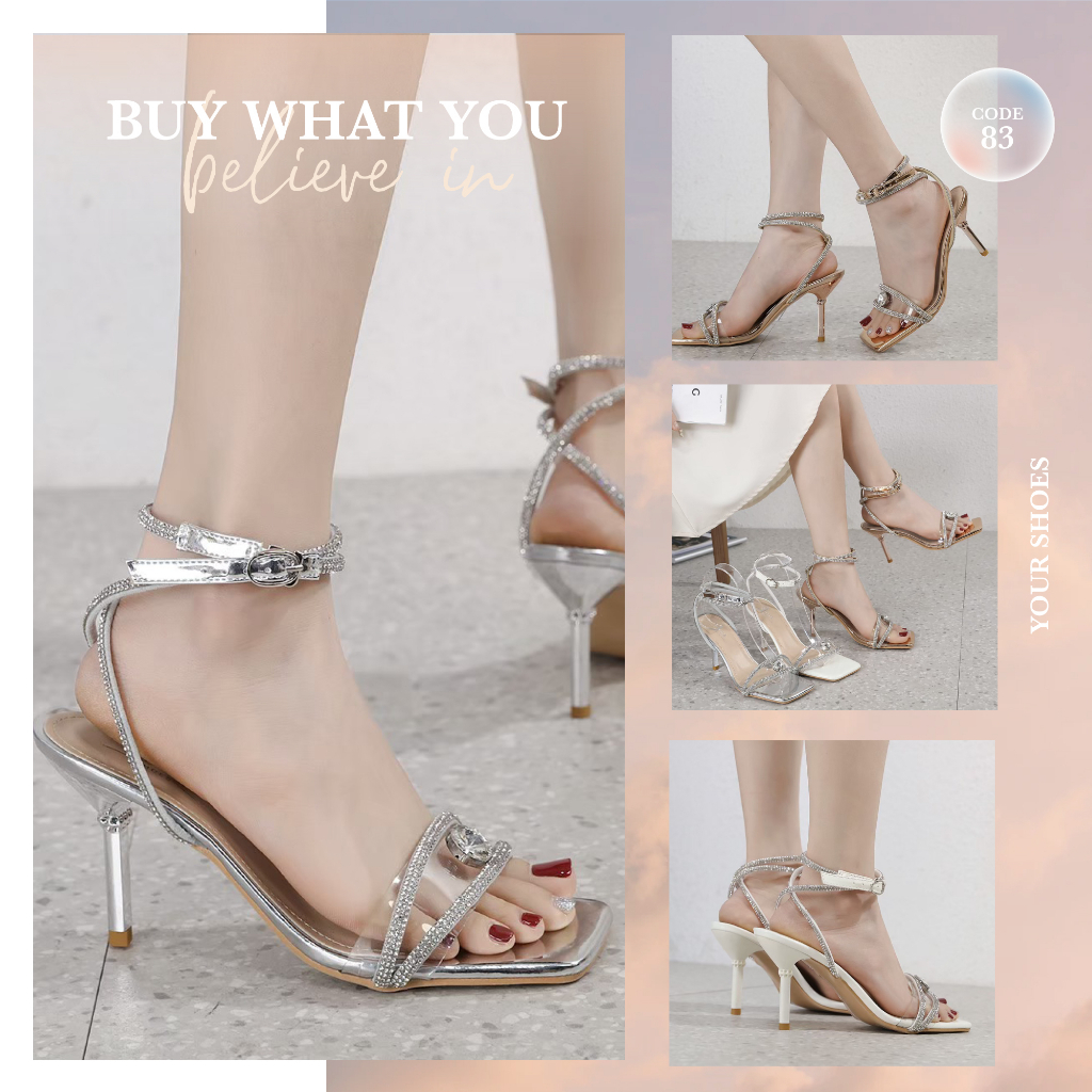 YOURSHOES 83 / รองเท้าส้นสูง 3.5 นิ้ว แต่งสายเพชรพันขา รองเท้าผู้หญิง