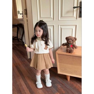 ST158 ชุดเซ็ทเด็กหญิง เสื้อคอปกปักหมี+กระโปรงจีบรอบ 6เดือน-6ขวบ