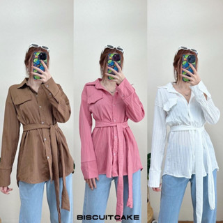 BFTS🧡 พร้อมส่ง QA0802 เสื้อเชิ้ตแขนยาว แถมเชือกผูกเอว ผ้าเปลือกไม้ มีปลายทาง ชุดไปทะเล เดรส เสื้อยืด ชุดเซ็ท Y2K ชุดนอน