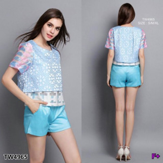 CS4965 Set เสื้อผ้าแก้วแต่งลาย+กางเกงขาสั้น แฟชั่นเกาหลี Set of striped glass clothes + shorts Korean fashion