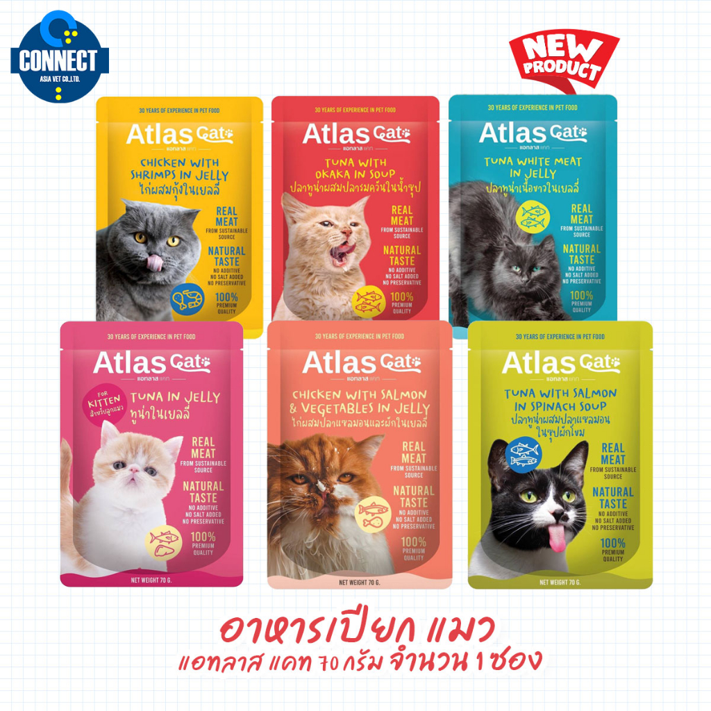 ซื้อ6 แถม 1 !! Atlas Cat Pouch Cat Food (70g.) อาหารเปียกแมวทานได้ทุกช่วงวัย 70 กรัม จำนวน 1ซอง.