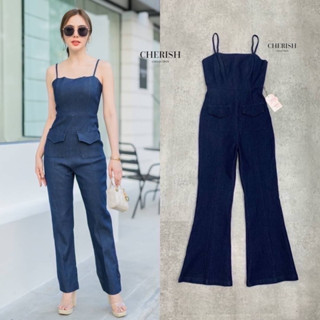 Jumpsuit jean สายเดี่ยวปรับสายได้ทรงขาม้า เนื้อผ้าผสมสเปนเด็กซ์ มีความยืดหยุ่น