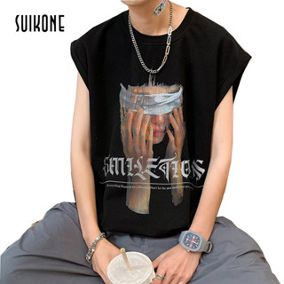 Suikone  เสื้อกั๊กผู้ชาย เสื้อยืดผ้าฝ้ายแขนกุดสไตล์อเมริกัน Tide ยี่ห้อ Ruffian หล่อ สุทธิ สีแดง เรโทร สปอร์ต สีดำ