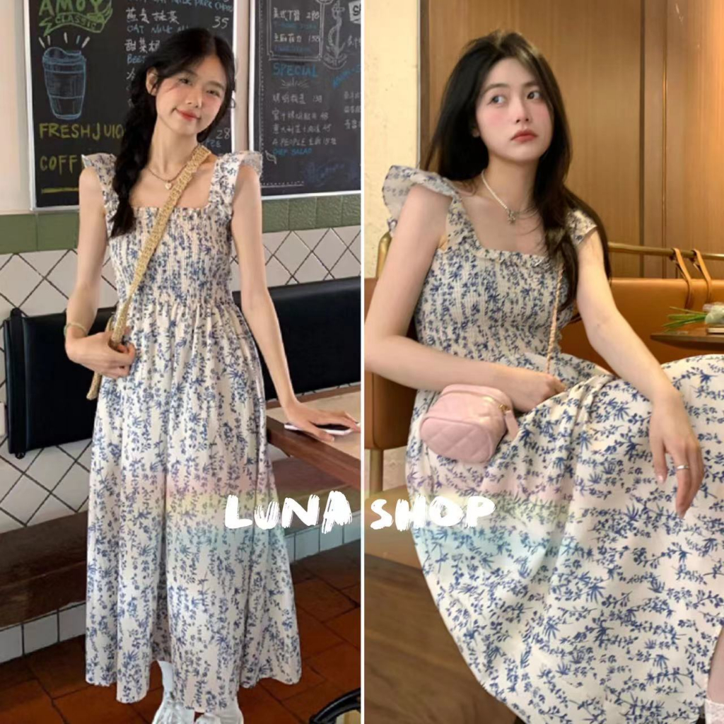 Luna shop เดรส กระโปรงยาวแขนกุด ลายดอกไม้ สีฟ้า สำหรับผู้หญิง กระโปรงพลีทเอวหวาน ใหม่ พร้อมส่งจากกทม มาถึงใน 3-5 วัน