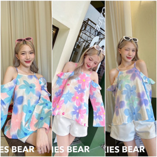 🍪cookie bear🍪สายเดี่ยวเปิดไหล่ ผ้าลายนูน แขนยาว￼
