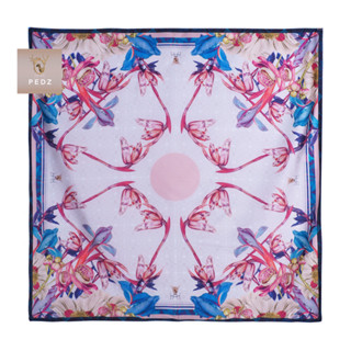 PEDZ ผ้าพันคอไหมซาตินพรีเมี่ยมพิมพ์ลายดอกสาละสีน้ำเงิน Blue Shala Flower Silk Satin Premium Scarf