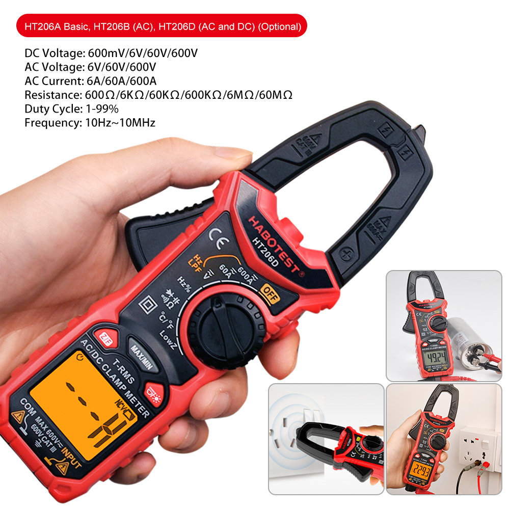 ดิจิตอลแคลมป์มิเตอร์ HT206A HT206B HT206D 600A AC DC ปัจจุบัน 2 สี Backlight NCV โวลต์มิเตอร์แอมมิเต
