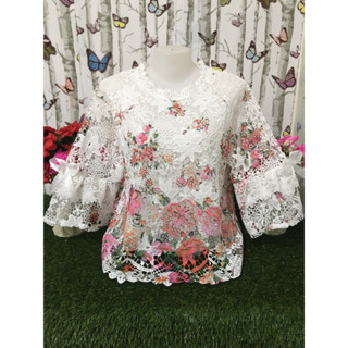 เสื้อลูกไม้ เสื้อลูกไม้แขนบาน เสื้อลายดอก สาวอวบสวบๆ เสื้อไปวัดรุ่น4629พิมพ์ลาย