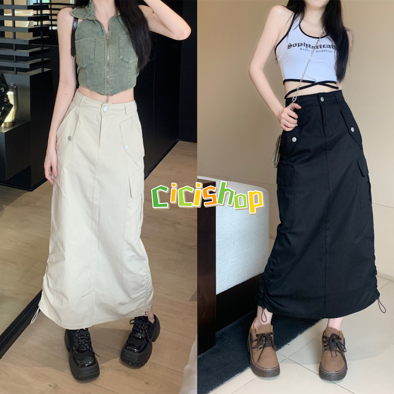 Cicishop(1038)กระโปรงคาร์โก้ตัวยาว สีพื้น ดีเทลด้านข้างมีเชือกปรับระดับ ใส่แล้วสวยแบบสับๆ
