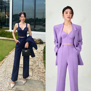 Setsuit 3 ชิ้น : BLAZER+CROP+Pants ชุดสูทสีม่วง ชุดสูทสีกรมท่า