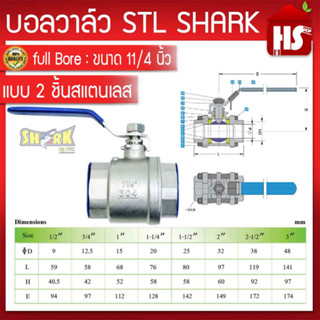 บอลวาล์ว(สแตนเลสแท้ 100%) บอลวาว-รูน้ำเต็ม (FullBore) ขนาด 11/4  B1 04 (SHARK) (แบบ2ชิ้น)