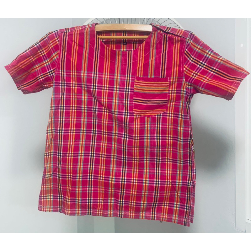 เสื้อเด็กผ้าไทย ลายผ้าขาวม้า สีชมพู ไซส์ 38 มือสองสภาพดี