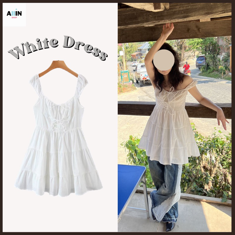พร้อมส่ง White dress เดรสสีขาว เดรสสั้น Y2k เสื้อผ้าสไตล์เกาหลี