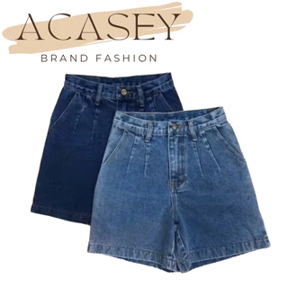 Acasey กางเกงยีนส์สามส่วน 3ส่วน สไตล์วินเทจ แต่งจีบหน้า ไซส์ S - 6XL 3ส่วนCN