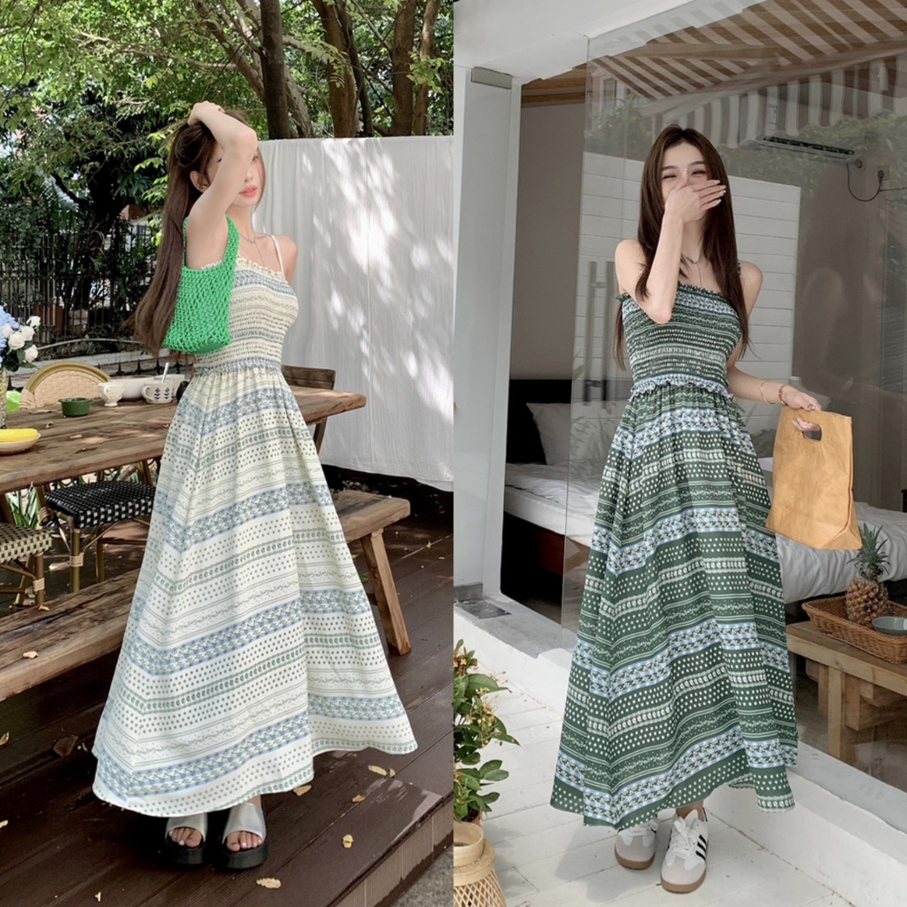 Styles_Unnie พร้อมส่ง D229 เดรสยาวสายเดี่ยวลาย ขนาดฟรีไซส์ พร้อมส่ง 2 สี