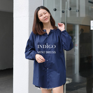 มินิเดรส MINI DRESS ชุดเดรสแขนยาว สีกรมท่า (INDIGO) ทรงปล่อย คอกลม กระดุมหน้า - Corlinn รุ่น Anyrose.corlin