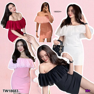 TW18683 Dress เดรสสั้น เปิดไหล่ แต่งระบายมุ้ง