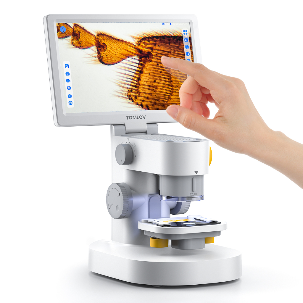กล้องจุลทรรศน์ Tomlov DM301 PRO,1200X พร้อมหน้าจอสัมผัส IPS ขนาด 9 นิ้ว, Meaure และแก้ไขกล้องสามตัว,