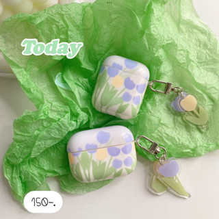 AirPods Case เคสแอร์พอด เคสแอร์พอตลายดอกไม้ 💟แอร์พอดลายดอกทิวลิปม่วงเหลือง+พวงกุญแจ