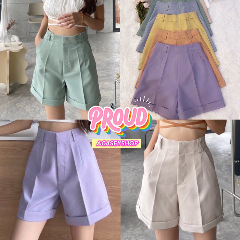 Acasey กางเกงขาสั้นผู้หญิง เอวสูง ขาพับ แต่ง 2หู คู่ เนื้อผ้าดีมาก หูคู่ขาเบิ้ล💛🧡