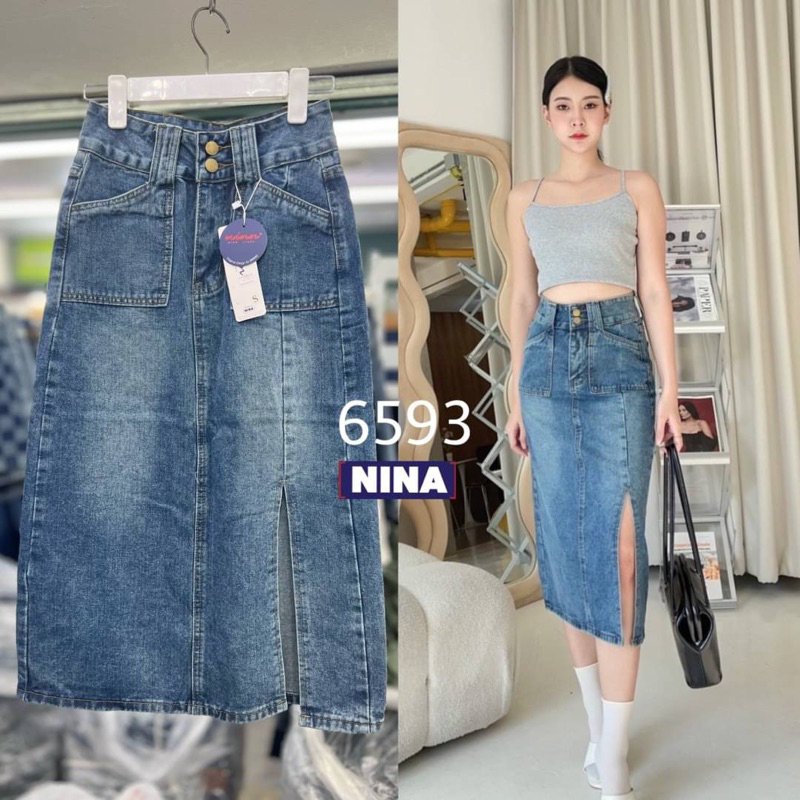Nn-ST #6593 กระโปรงเอวสูงแต่งผ่าหน้า ขอบสองกระดุมบอกเลยรุ่นนี้สีฟอกสนิมอ่อนๆ สวยยยย ความยาวกำลังดี