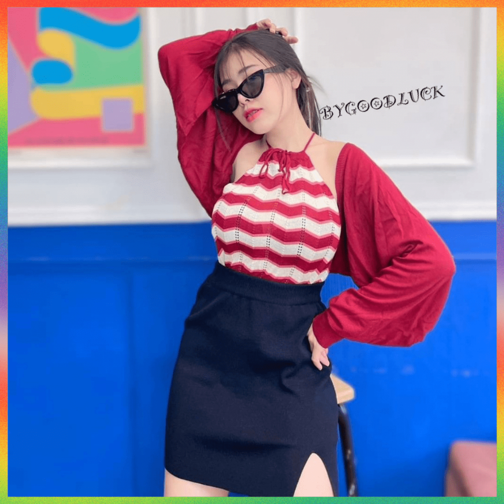 MesubShop ชุดเซ็ทเสื้อ สายเดี่ยวคล้องคอ+เสื้อคลุม ผ้าไหมพรม ยืดเยอะสุด ทอสลับสี เซทเสื้อไปเที่ยว รุ่น เซทเจเจ๊