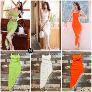 เดรสสายเดี่ยวปลายสไลด์เฉียงห้อยลูกปัดมุข ขาว, เขียว, ส้ม (White, Green, Orange)