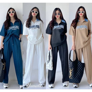 A19 ชุดเซต 2 ชิ้น เสื้อแขนสั้นปกโปโลคอซิป ทรงยาวคลุมสะโพกสกรีนหน้าอก มาคู่กางเกงเอวยางยืดขายาว