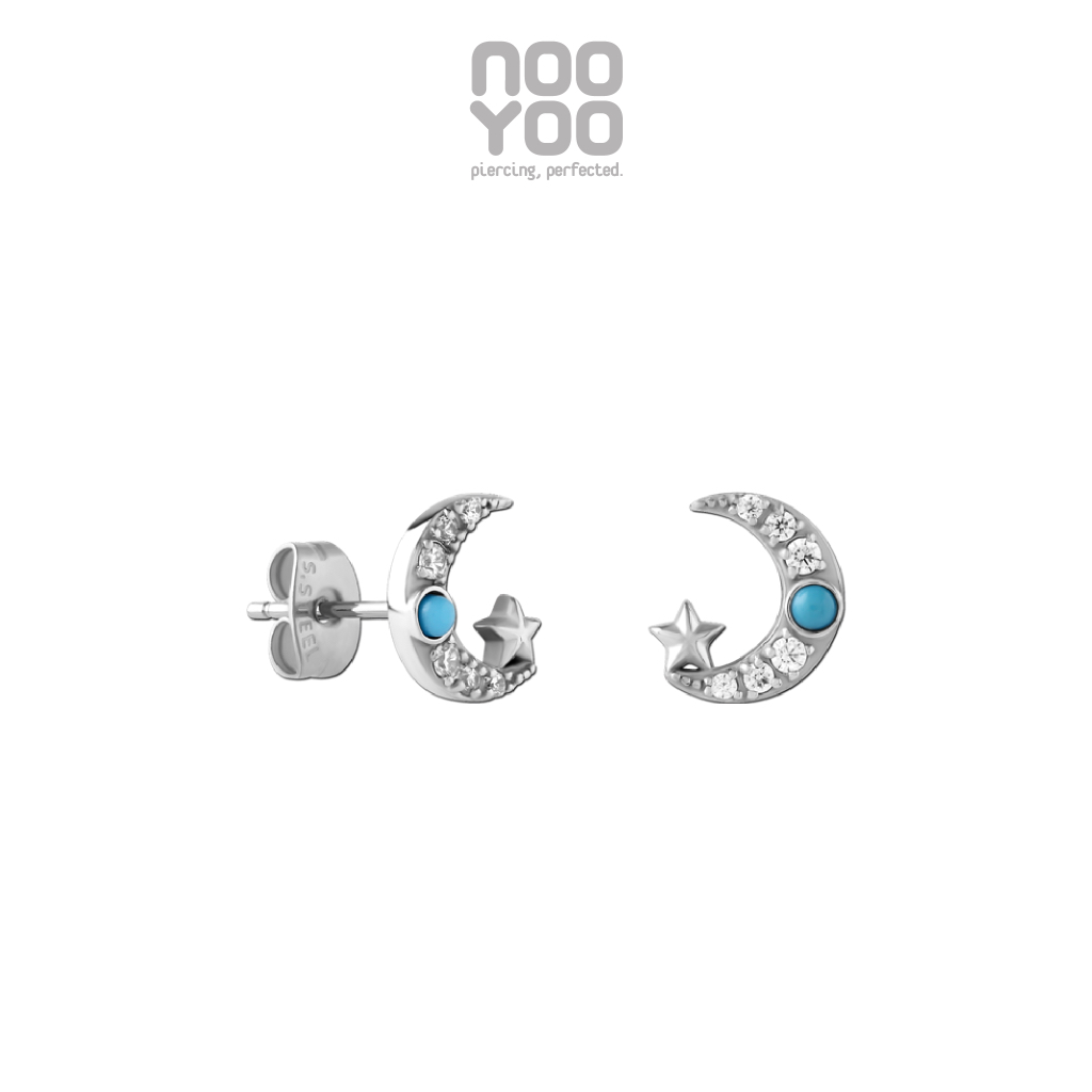 NooYoo ต่างหูสำหรับผิวแพ้ง่าย MOON & STAR with Crystal Surgical Steel