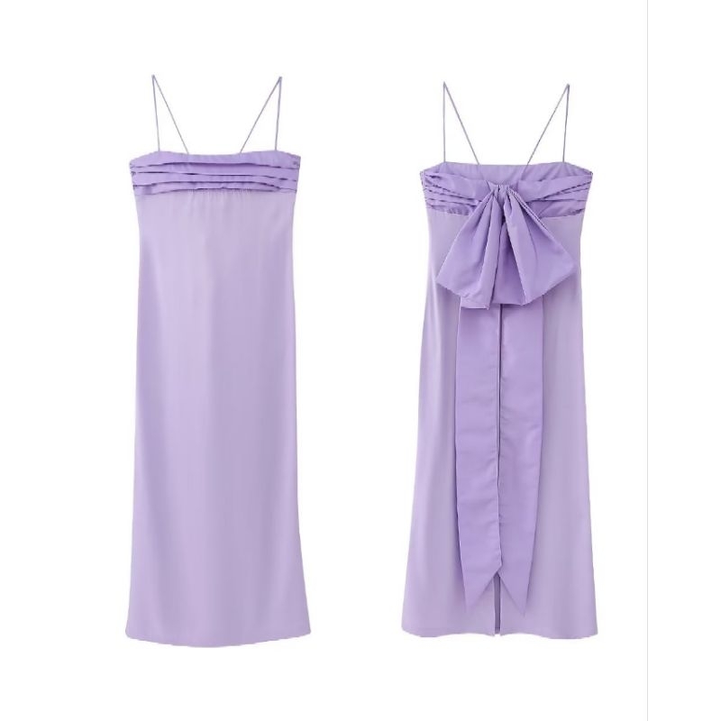 พร้อมส่ง เดรสยาวสายเดี่ยวสีม่วงพาสเทลแต่งโบว์ใหญ่ เดรสงานแต่งยาว D078