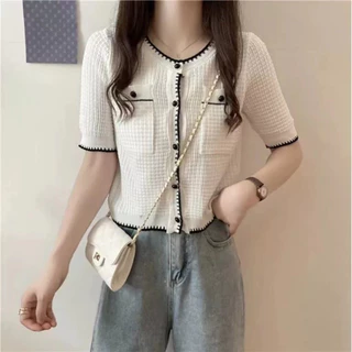DODO🌟พร้อมส่ง​🌟​เสื้อคอกลมแขนสั้นแต่งกระเป๋าสองข้างทรงสวยฮิตสไตล์คุณผู้หญิงสีดำ/สีขาว(10029)