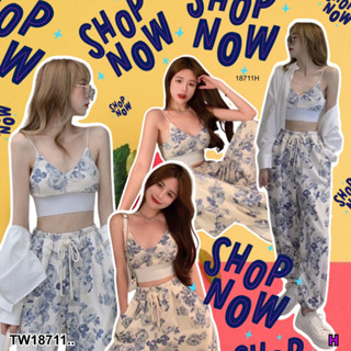 👗Pfashion [ส่งไวมาก🚛] P18711 set 2 ชิ้น เสื้อสายเดี่ยวแต่งแถบยางยืด + กางเกงขายาว ปลายขาดึงรูด ..