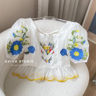 AVIVA เสื้อเชิ้ตแขนตุ๊กตาแต่งชายระบาย งานปักลาย สวยสุดๆ