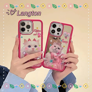 🌈Langton🌸ขอบเต็ม ป้องกันการหล่น iphone 11 14 pro max พื้นผิวกระจก สีชมพู การ์ตูน ลูกแมว รูปหัวใจ case for iPhone 12 13