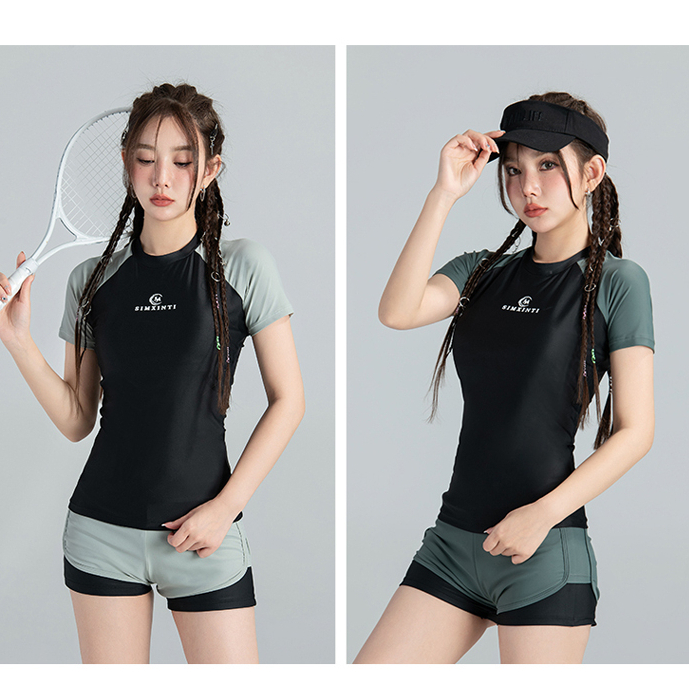 (23115#)ชุดว่ายน้ำผู้หญิงแขนสั้น กางเกงสปอร์ต2ชั้น UPF50+UV ชุดเล่นน้ำ