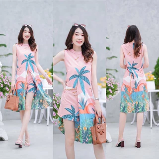 (มี2 ไซส์)เสื้อคอปีนแขนกุดลายต้นมะพร้าว แหวกด้านหน้า + กางเกงขาสั้น