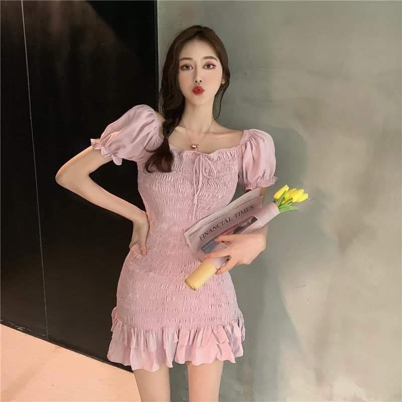 ส่งต่อ💕เดรสสั้นงานผ้าย่นยางยืด แต่งระบายริบบิ้น ใส่เป็นเดรสได้ เสื้อตัวยาวได้ ไซส์L งานป้าย wideria@