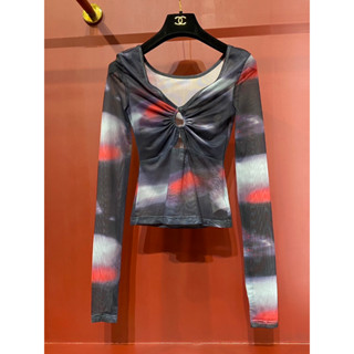 KOREA MULTICOLOR PRINT TOP งานเกาหลี เสื้อแขนยาว ผ้าเด้ง ใส่สวยมาก เข้ารูป เจาะห่วงช่วงอก