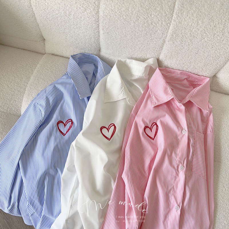 summer shirt เสื้อคลุม เสื้อเชิ้ต ลายริ้วเล็กปักหัวใจ