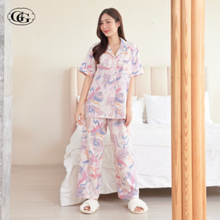 G&amp;G Nightwear รุ่น EN7P11 ชุดนอนเสื้อแขนสั้นคอปก + กางเกงขายาว ผ้าไหมอิตาลี สี PI