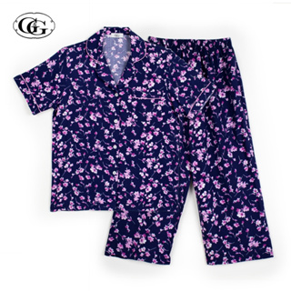 G&amp;G Nightwear รุ่น EN6P31 ชุดนอน เสื้อแขนสั้นคอปก + กางเกงขา 4 ส่วน ลายดอกไม้ ผ้า Spun Rayon สี NV