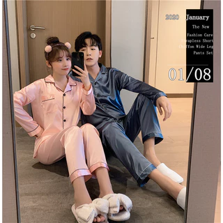 แขนยาว+ขายาว M-5XL ชุดนอนผ้าซาติน ชุดนอนสีพื้น ชุดนอนแฟชั่นสไตล์เกาหลี ชุดนอนคู่รัก ส่งจากไทย