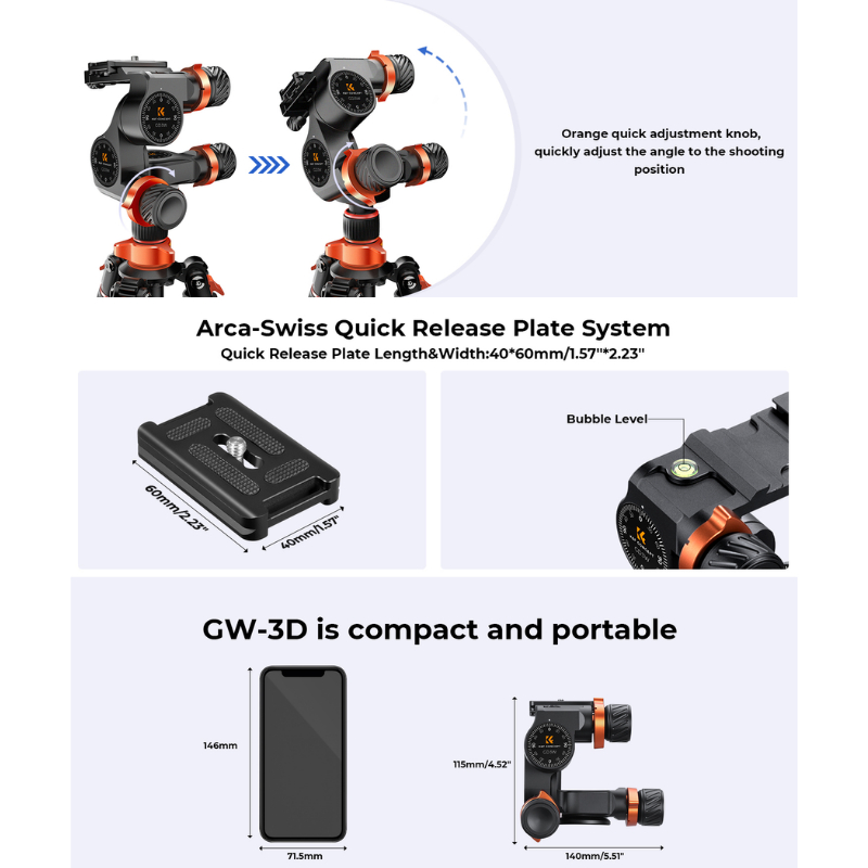 หัวบอลขาตั้งกล้องแบบ3ทาง K&F 3-Way Geared Tripod Head, High-Precision Fluid Head (KF31.047)