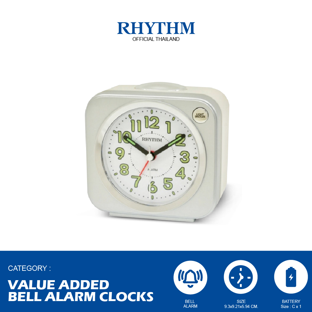 RHYTHM รุ่นใหม่ นาฬิกาตั้งโต๊ะ ตั้งเลื่อนเวลาปลุกได้ เข็มเดินเงียบ ฐานกว้าง 9.3 ซม-CRA855NR