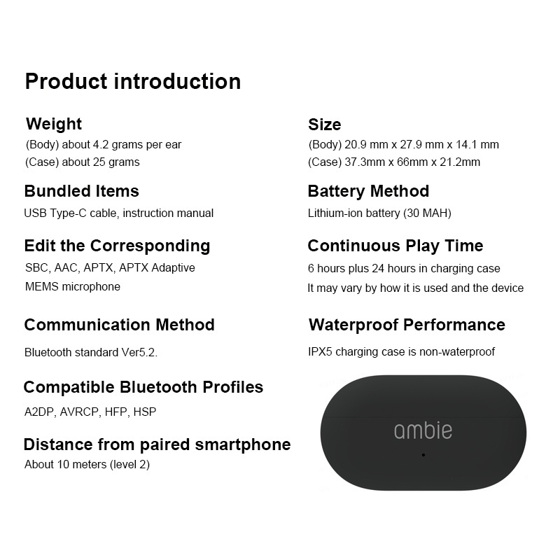 Ambie AM-TW01 เสียง Earcuffs Ear Bone Conduction ต่างหูหูฟังไร้สายบลูทูธ 5.2 สำหรับ Sony เสียงคุณภาพสูง Auricle
