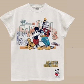 Power 7 Shop เสื้อยืดการ์ตูน ลาย MICKEY MOUSE ลิขสิทธ์แท้ DISNEY เสื้อแขนสั้นพิเศษ ฟอกเฟด-สีขาว (MPA-016)